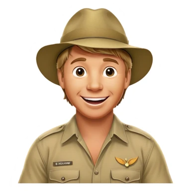 Cinematic Realistic Steve Irwin Portrait Emoji, depicted as a passionate wildlife expert in his signature khaki attire with an enthusiastic smile and a backdrop of the Australian outback, rendered with vibrant textures and dynamic natural lighting that captures his adventurous spirit. sticker