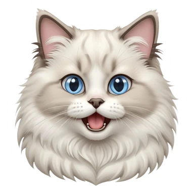 cinematic-adorable-big-eyed-fluffy-ragdoll-cat-portrait-emoji,-head-tilted-playfully-with-a-cute,-yawn,-white and grey fur,-simplified-yet-irresistibly-cute-features, blue eyes sticker