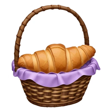 There is a croissant with chocolate syrup in a wicker pale purple basket. sticker
