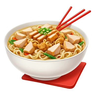 Xinjiang Big Plate Chicken Noodles with wide hand-pulled noodles and chicken chunks, simplified emoji style with bold outlines and bright colors, cartoon style Da Pan Ji with noodles sticker