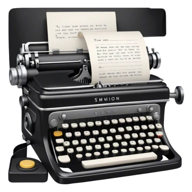 Create an emoji representing screenwriting. The design should feature an open script with visible dialogue and action lines, symbolizing the writing of a screenplay. Include a classic typewriter to signify the process of creating a script and a movie camera behind . Use a professional color palette with black, white, and subtle metallic tones. Do not include any emojis or smiley faces. Make the background transparent. sticker