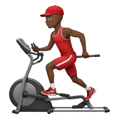 dark skin bald African American man on elliptical machine with red tank shirt and black shorts and backwards facing baseball hatcap sticker