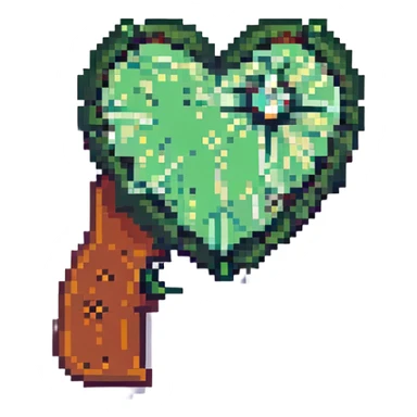 green heart pistol, pixel art style, simple and retro sticker