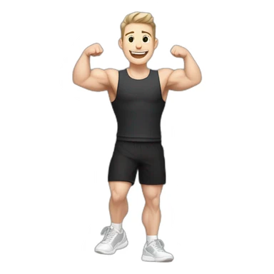 Joyful Celebrating victory Pale skinned Fit Man With the biceps and dark brown hair in black shirt, gray sports shorts and white Sneakers sticker