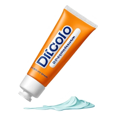 an empty, oversized and totally squeezed out tube of toothpaste labelled "Diclo ratiopharm". It is squeezed out to the last drop. Basic color is orange yellowish. sticker