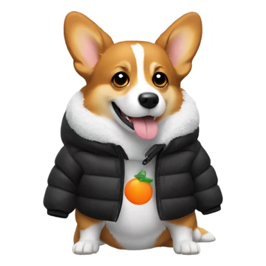 corgi wearing a black puffer jacket with a small orange square with white letters "YC" logo on the left chest sticker