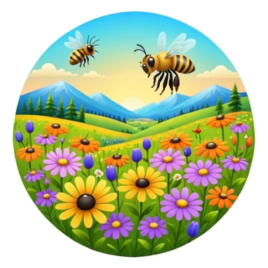 bright meadow full of wildflowers and a bee, rounded shapes sticker