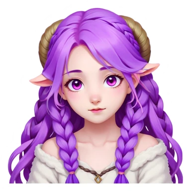 1 girl, long flowing purple hair with braided strands, vibrant and soft color palette, inspired by spirit blossom theme from league of legends, long hair, loose wave straight haircut, sheep horns,
pink eyes, young, skinny, japanese themed, 💕, 🌸, spirit blossom kindred, kindred, league of legends character, shy expression, shy, blush, (pink heart o-ring choker), white t-shirt, (off shoulder) sticker