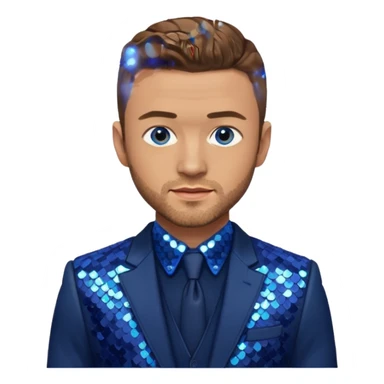 Justin Timberlake with light brown hair, blue eyes, sequin navy blue suit jacket sticker