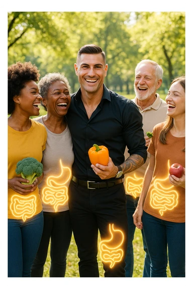  a smiling man stands at the center of a group of diverse, happy people in a bright park. Everyone has a subtle, glowing outline around their abdominal area, symbolizing a healthy gut. The group is laughing, sharing fresh fruits and vegetables, and the atmosphere is vibrant and full of energy. sticker