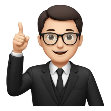 un PROFESOR con terno negro que este parado con sus lentes guiñando el ojo y CON LAS MANOS HACIA ARRIBA DANDO LIKE sticker