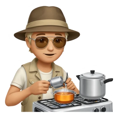 A man camper boiling water on a portable stove, enjoying the outdoor breeze.
 sticker