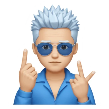 young man wearing, blue sunglasses, spikey white hair, one hand two finger crossed sticker