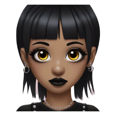 goth woman with black hair and baby bangs with septum piercing and both sides of nose pierced with hazel eyes and no eyebrows with dramatic goth makeup sticker