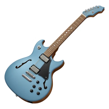 A gray-blue electric guitar with a black pick guard and only one volume knob, make the head tan sticker