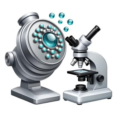 An icon featuring two-ocular electron microscope, a metal alloy, atomic structure symbols, a crystal structure. The design includes different materials like metals, ceramics and polymers, alongside a stamp representing testing and quality control. Transparent background sticker
