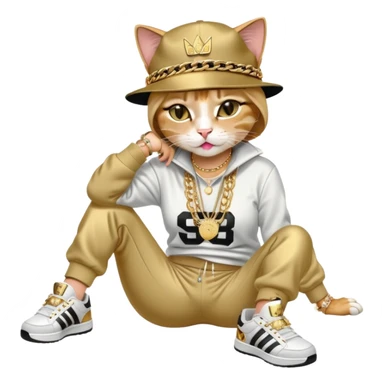 female cat lying down horizontally on the ground, crying, wearing Run DMC hip-hop outfit with tracksuit, fedora, Adidas sneakers, many gold chains, rings, bracelets, flashy earrings, no sunglasses sticker