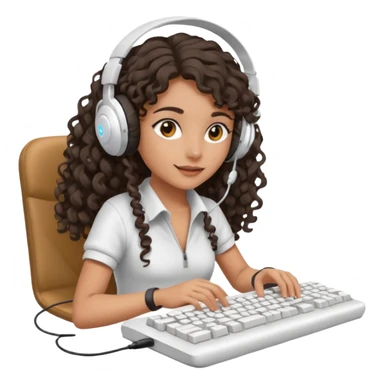 Spanish girl with long dark curly hair, wearing a white gaming headset and playing on keyboard with a gaming mouse in one hand sticker