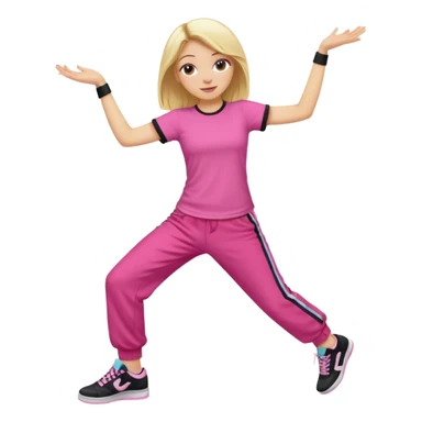 Hiphop dancer, with cute big pants, sneakers, and t-shirt. White girl blond. Coloufull shirt. No pocket pants. Dancing. No orange. Pink and black sticker