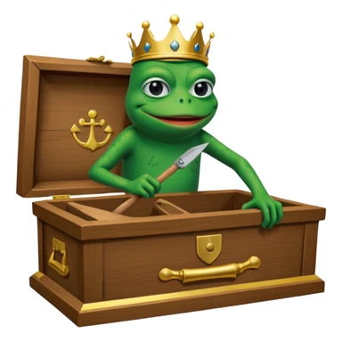 Emoji of an empty wooden coffin with its lid on top, the word ‘ECHO’ carved into the side panel. The coffin is shown from the outside. A king-like Pepe the Frog, standing outside the coffin, is hammering nails into the lid to seal it shut. No character is inside the coffin. Not a treasure chest. sticker