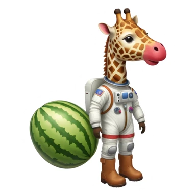 watermelon body with only the head of a giraffe poking out, wearing brown boots and an astronaut helmet sticker