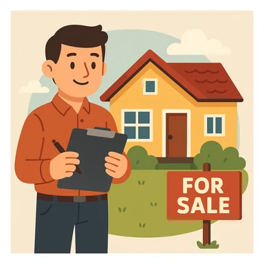flat toon style person with a clipboard in front of a house for sale sticker