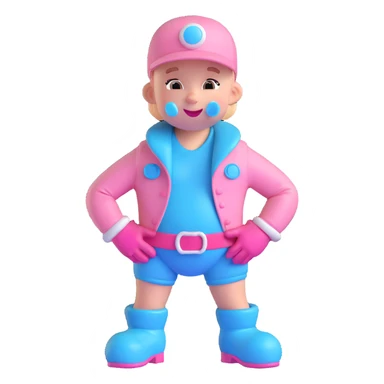 3D cartoon pacifier character, adult version, hands on hips, smirking mischievously, gloved hands, shoes, baby blue and pink color scheme, transparent background. sticker