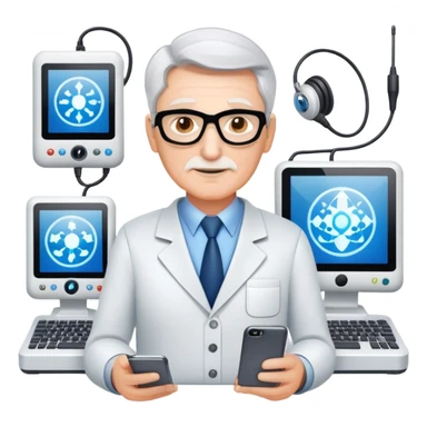 Senior IT Specialist with multiple high-tech devices, confident expression, showing leadership, advanced technical expertise sticker