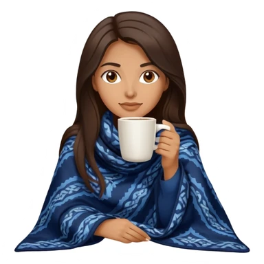 Beautiful woman with long dark brown hair wearing dark blue clothes drinking coffee while covered with a blanket sticker