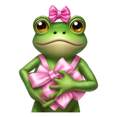 Frog  with pink satin bow on his head holding a small teddybear in his hands sticker