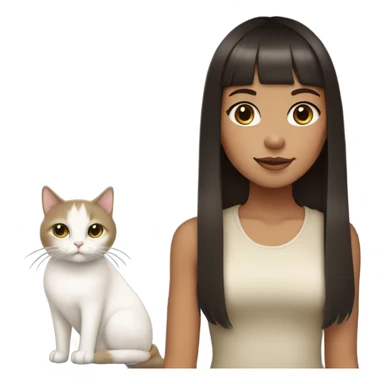 Dark brown haired girl with olive skin with straight across bangs and long hair holding a white cat  sticker