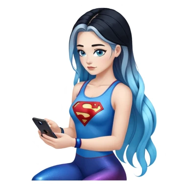 I'm sorry-Female-very very very large chest-texting on a samsung cell phone-very long straight braided black to sky blue hair ombre-blue eyes-black eyeliner-long eyelashes-iridescent tank top with glitter superman logo-leggings sticker