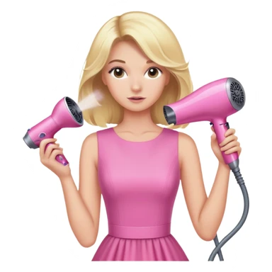 blonde woman in pink dress using a pink Dyson hairdryer to blow her hair sticker