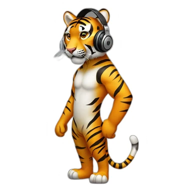 tiger standing on 2 feet wearing headphones sticker