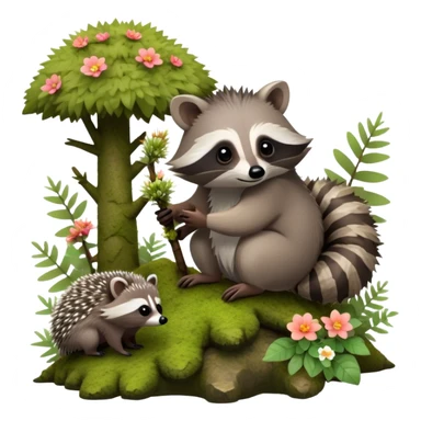 Collage of an exotic raccoon and a hedgehog, both curiously exploring a forest setting with moss and small flowers. The raccoon is perched on a tree branch, and the hedgehog is nestled in the underbrush. Vibrant nature backdrop. Transparent background. sticker