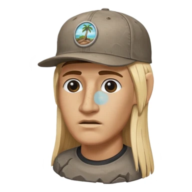 Easter island head rock with long blonde hair and a backwards baseball cap sticker