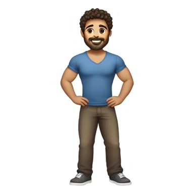 men holding his computer in hands. light brown skin men with curly dark hair, dark brown eyes, little grown beard. ust a tiny bit muscular. dressed casual. round face. sticker