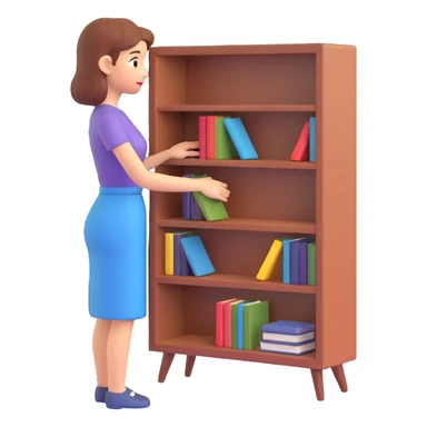 a sad woman looking at a small bookcase sticker