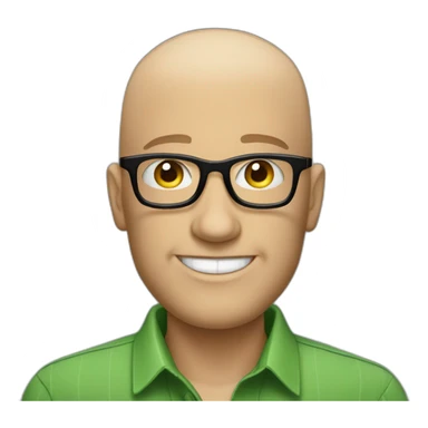 smiling white man with a big nose, shaved head in rectangular black glasses and green button up shirt sticker