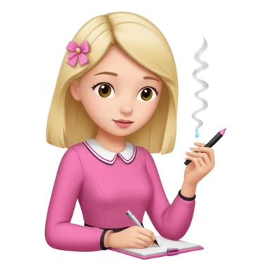 girl taking notes in pink thones and smell a fragance sticker