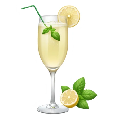 French 75 cocktail with subtle elderflower color with one of each mint and basil leaf for garnish sticker