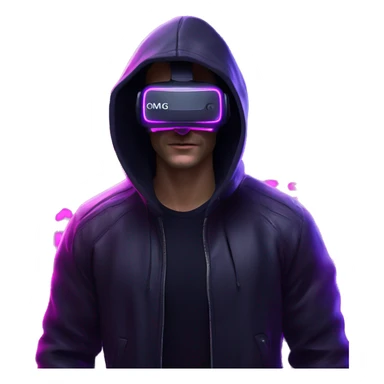 Russian man wearing a black hoodie with "OMG" letters on it and VR headset in a cyberpunk VR environment with violet neon lighting. sticker