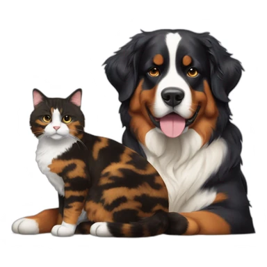 A Bernese dog next to A tortoiseshell cat without white sticker