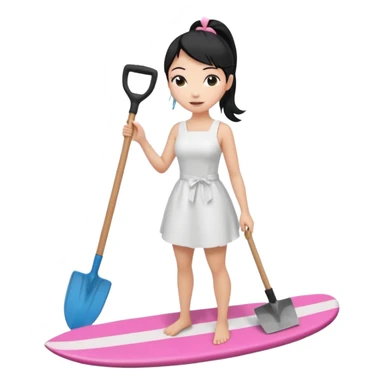 Princess who wearing white dress (woman) black ponytail hair holding her cellphone and  one garden shovel with another hand. She is standing on her feet, there is one pink surfing board. sticker