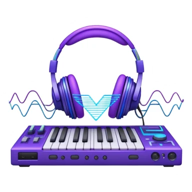 Create a creative and technical emoji that represents sound design. The design should feature a soundwave, a pair of studio headphones, and an audio synthesizer or soundboard to symbolize the manipulation and creation of unique soundscapes. Add subtle elements like audio cables, a mixing console, or a waveform to reflect the technical aspect of sound design. Use vibrant, futuristic colors like neon blue, purple, and green to represent innovation and creativity in sound. The background should be transparent. sticker