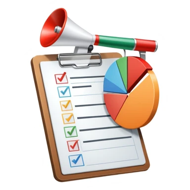 An icon featuring a pie chart, a clipboard with a checklist, and a megaphone, symbolizing management and marketing. The design includes upward-trending graphs and a target with an arrow, representing strategy and success. Transparent background highlights business organization and promotion. sticker