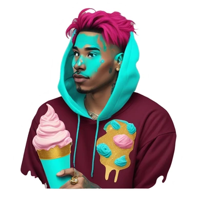 Vintage grunge patina intricate swirls golden sparkle Deep pink maroon burgundy cyan dark hoodie man dyed hair and gold piercings nose piercing ear piercings ice cream  sticker