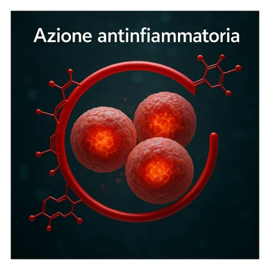 hyper realistic red astaxanthin molecule protecting inflamed cells, red molecule surrounding cells with inflammation signs, scientific atmosphere, realistic details, text 'Azione antinfiammatoria' sticker