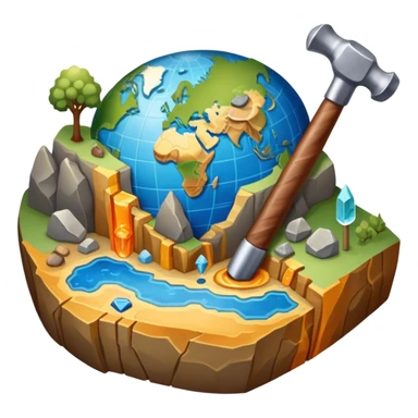 An icon featuring a rock hammer, a geological map, and layers of Earth’s crust, symbolizing geology. The design includes mineral samples, fossils, and tectonic plates, representing the study of Earth’s structure and natural processes. Transparent background highlights geological exploration sticker