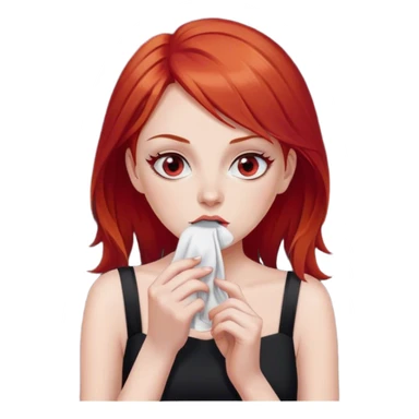 a woman with red hair and red eyes sniffing a white sock. The woman wear a black  dress sticker